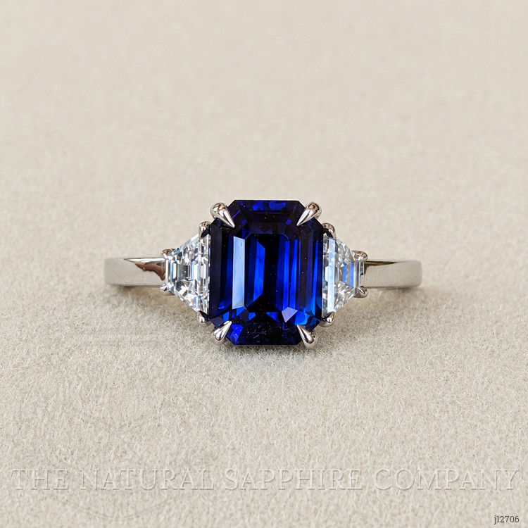 3.04 Ct. Blue Sapphire and Natural Diamond Three Stone Ring, Platinum 950