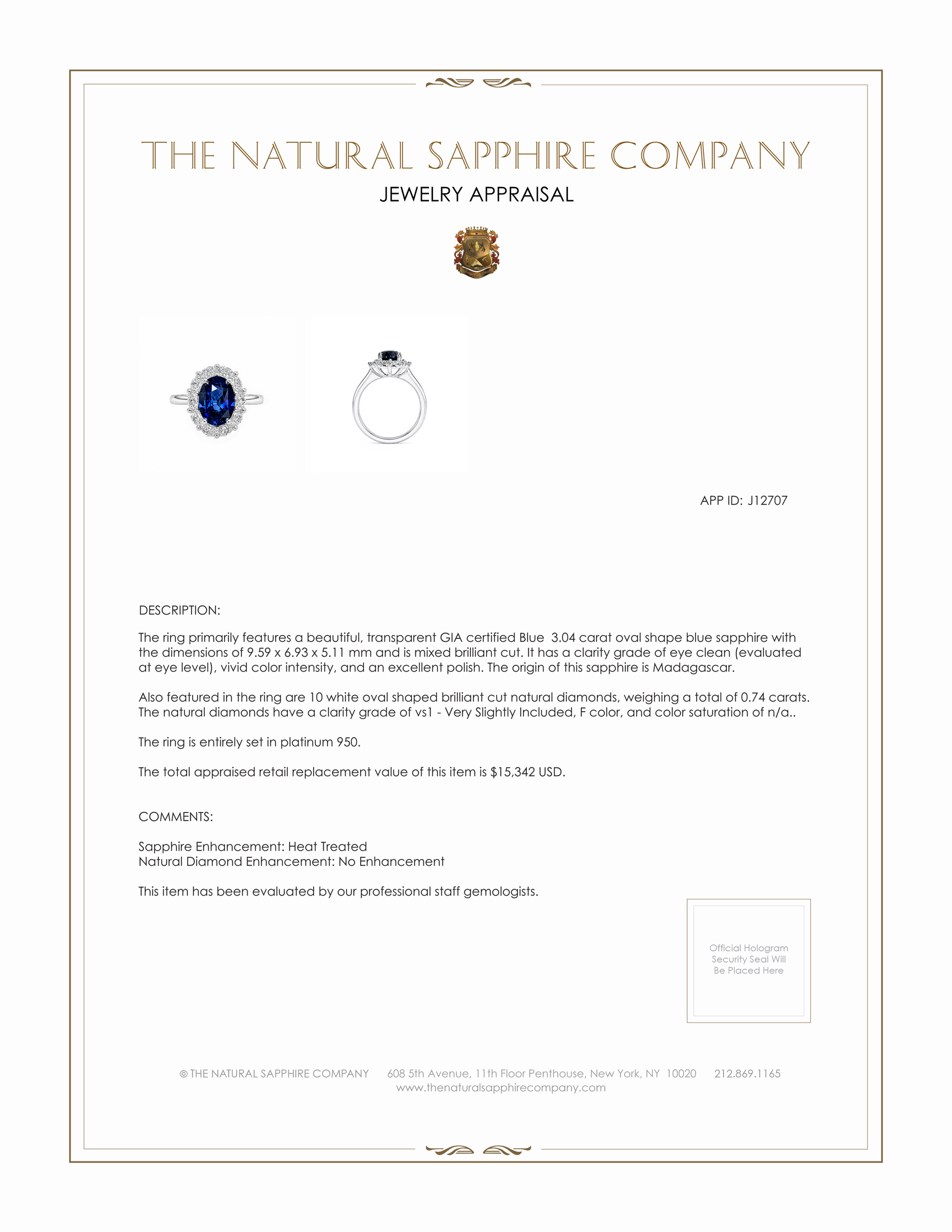 3.04 Ct. Blue Sapphire and Natural Diamond Accent Stones Ring, Platinum 950