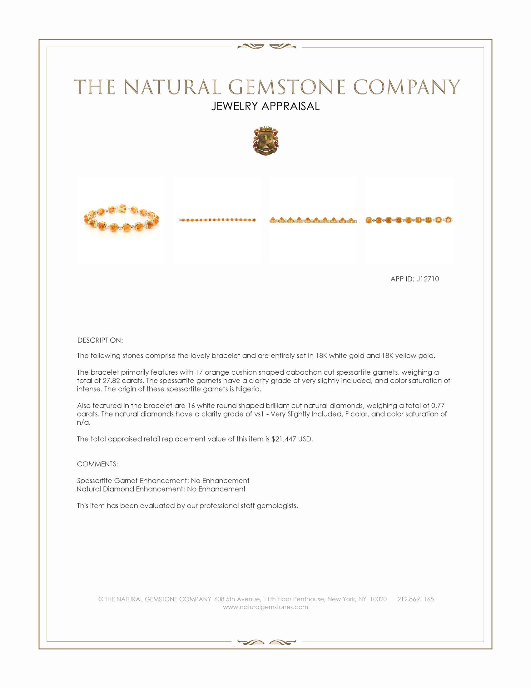 27.82 Ct.Tw. Orange Spessartite Garnet and Natural Diamond Tennis/Line Bracelet, 18K White & Yellow