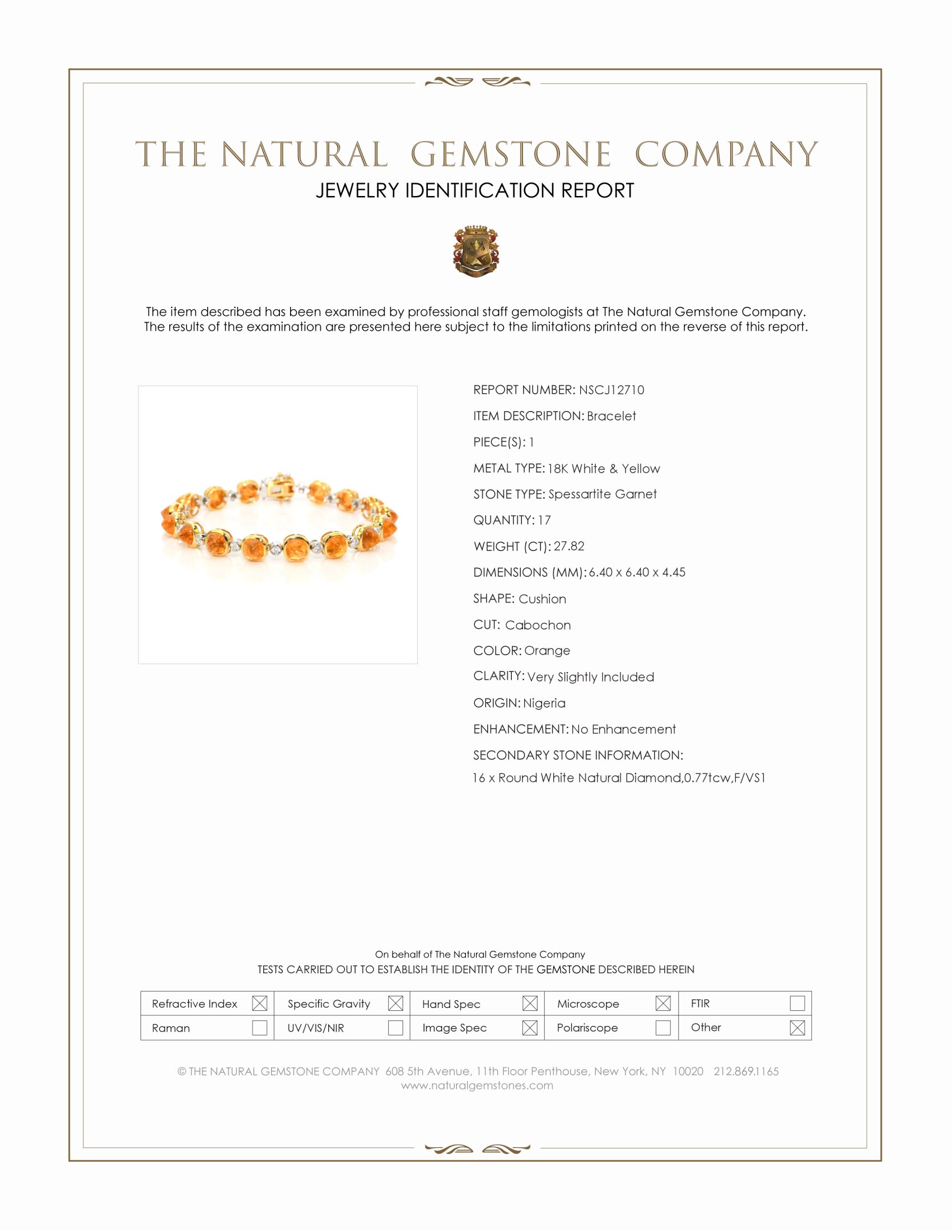 27.82 Ct.Tw. Orange Spessartite Garnet and Natural Diamond Tennis/Line Bracelet, 18K White & Yellow