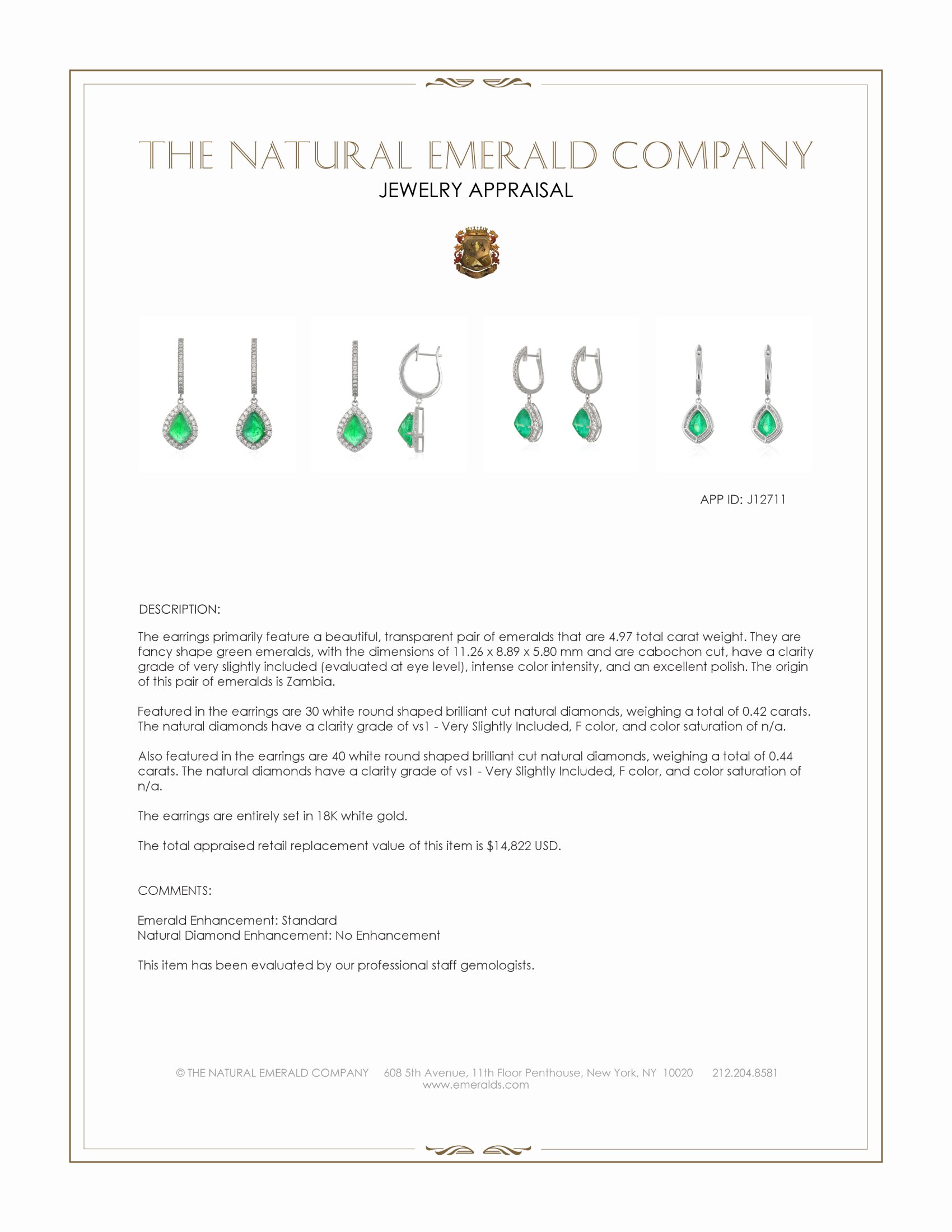 4.97 Ct.Tw. Emerald and Natural Diamond Drops Earrings, 18K White Gold