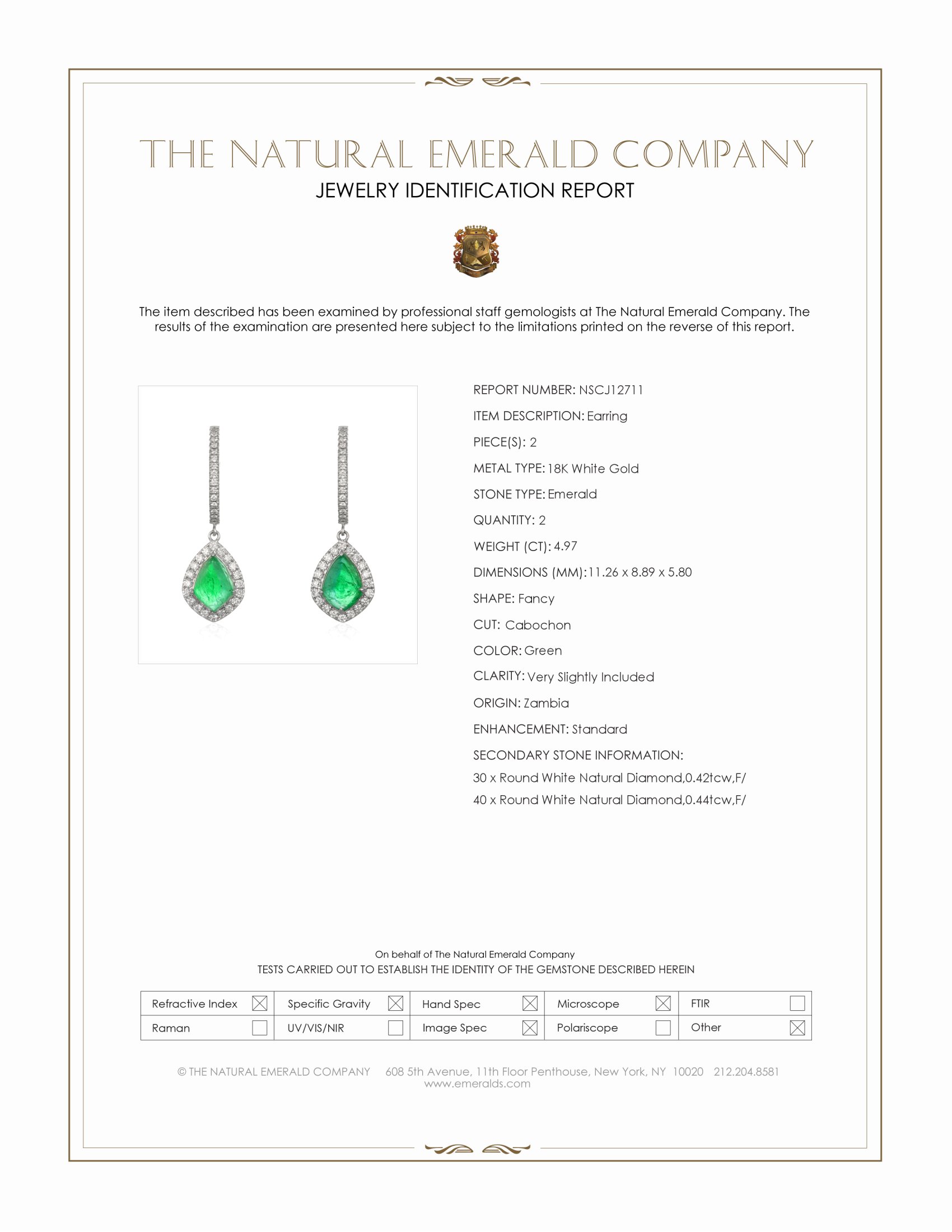 4.97 Ct.Tw. Emerald and Natural Diamond Drops Earrings, 18K White Gold