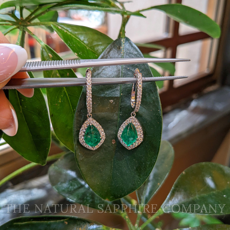 4.97 Ct.Tw. Emerald and Natural Diamond Drops Earrings, 18K White Gold