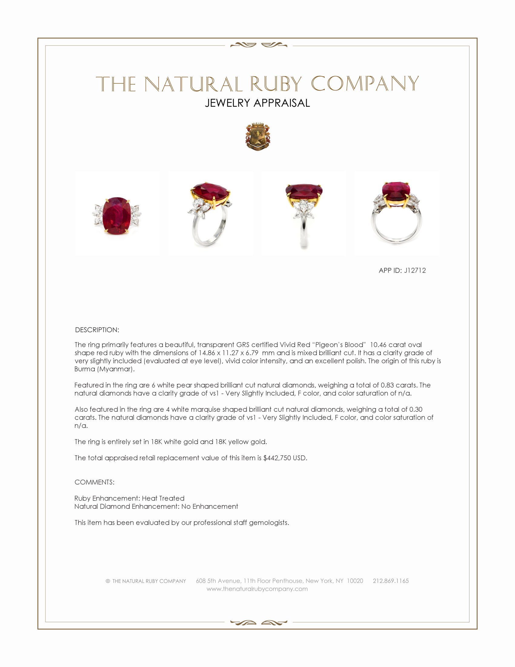 10.46 Ct. Ruby and Natural Diamond Accent Stones Ring, 18K White & Yellow