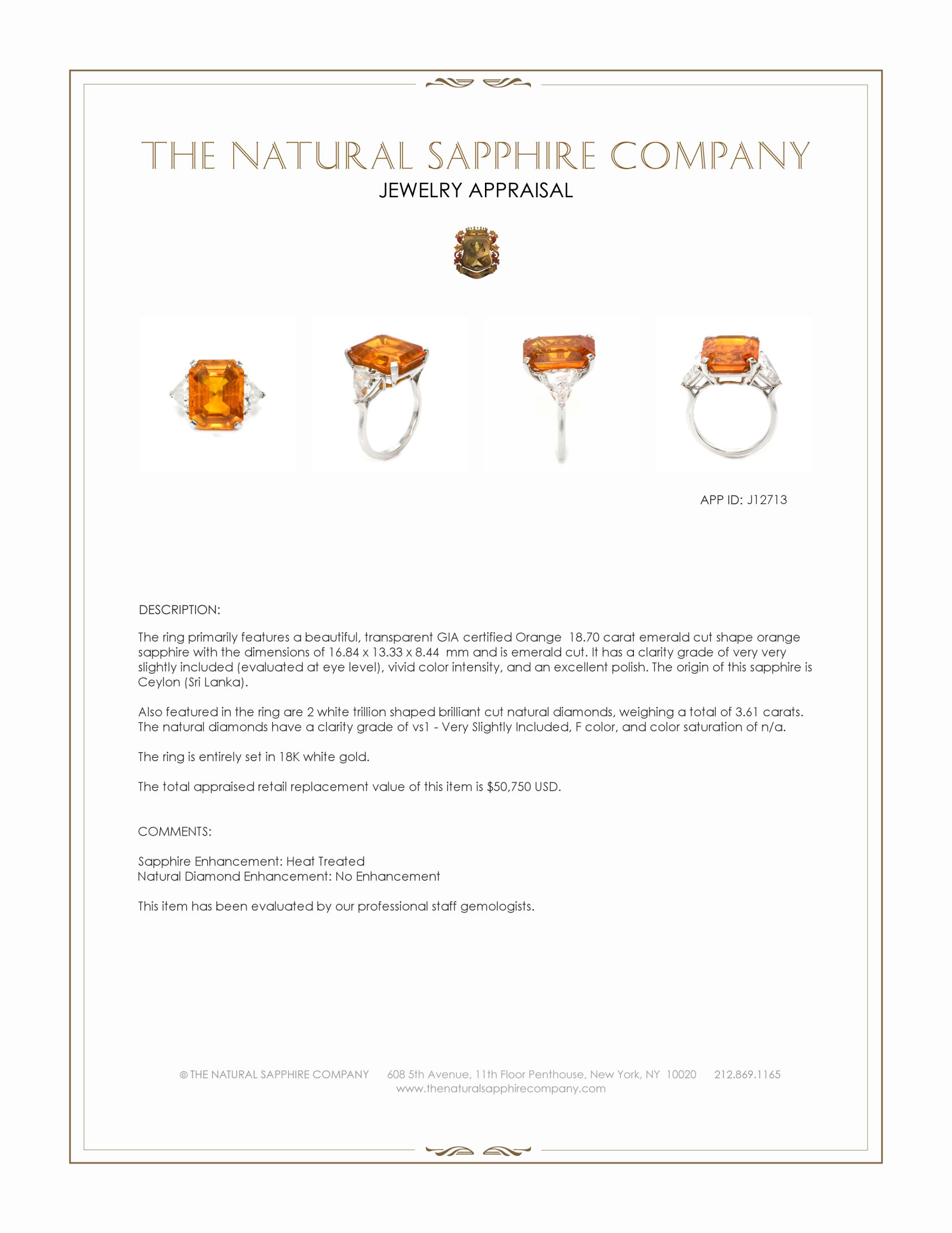 18.70 Ct. Orange Sapphire and Natural Diamond Three Stone Ring, 18K White Gold