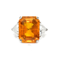 18.70 Ct. Orange Sapphire and Natural Diamond Three Stone Ring, 18K White Gold Video