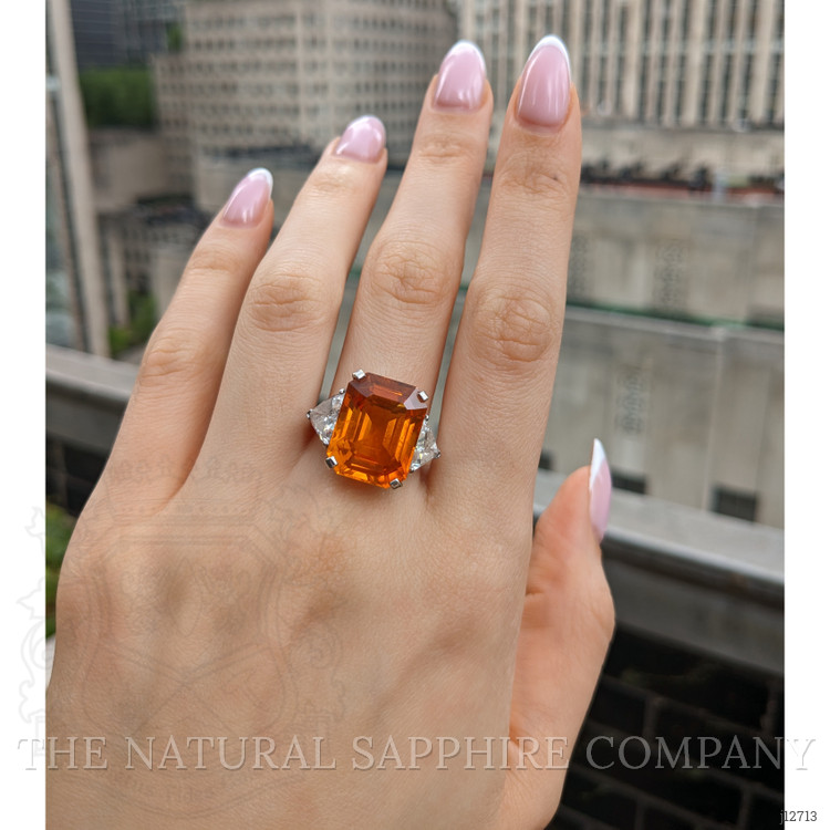 18.70 Ct. Orange Sapphire and Natural Diamond Three Stone Ring, 18K White Gold