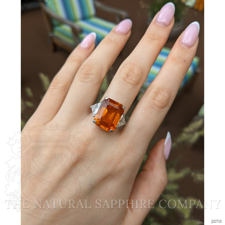 18.70 Ct. Orange Sapphire and Natural Diamond Three Stone Ring, 18K White Gold