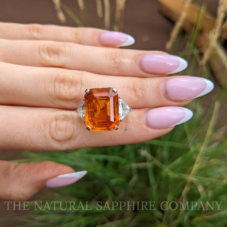 18.70 Ct. Orange Sapphire and Natural Diamond Three Stone Ring, 18K White Gold