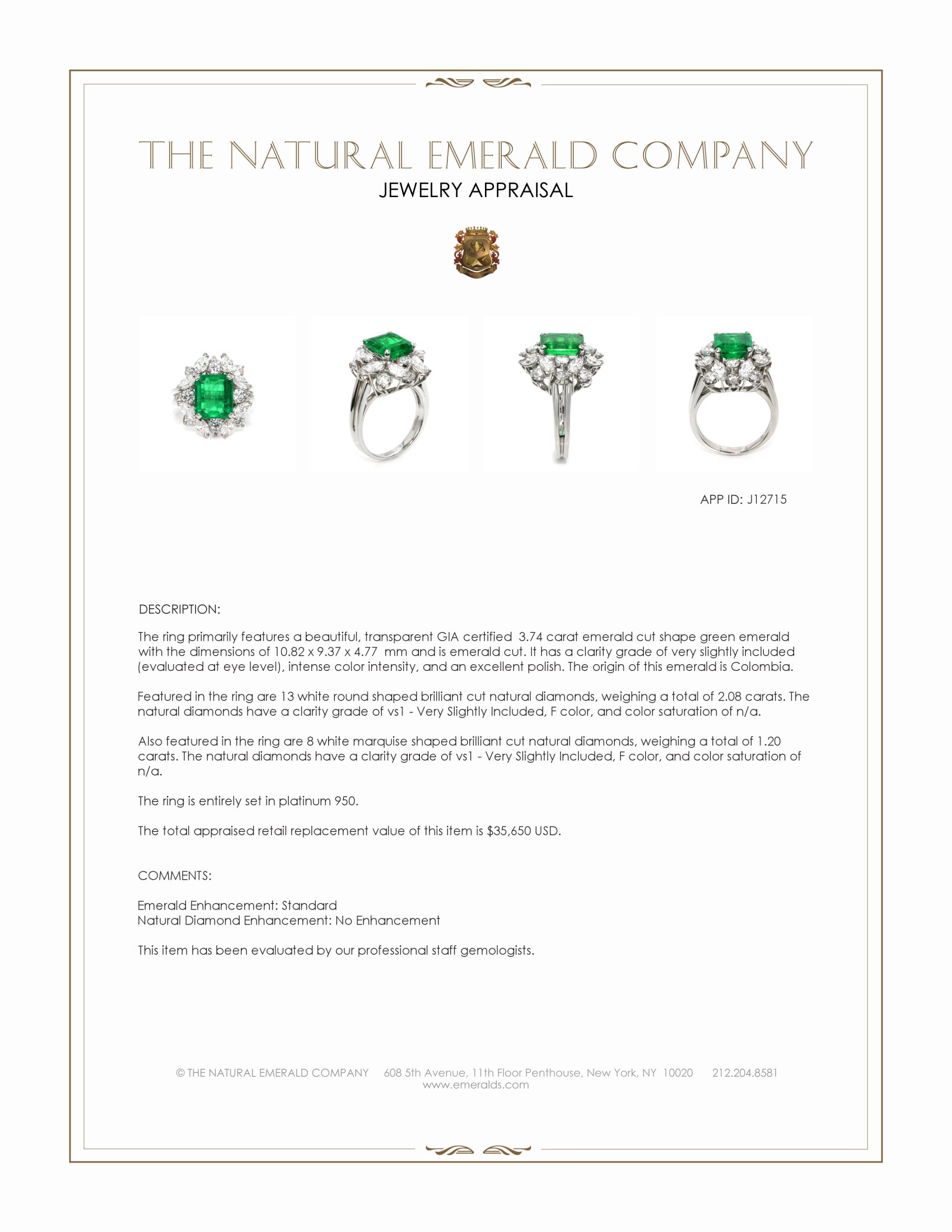 3.74 Ct. Emerald and Natural Diamond Pave Ring, Platinum 950