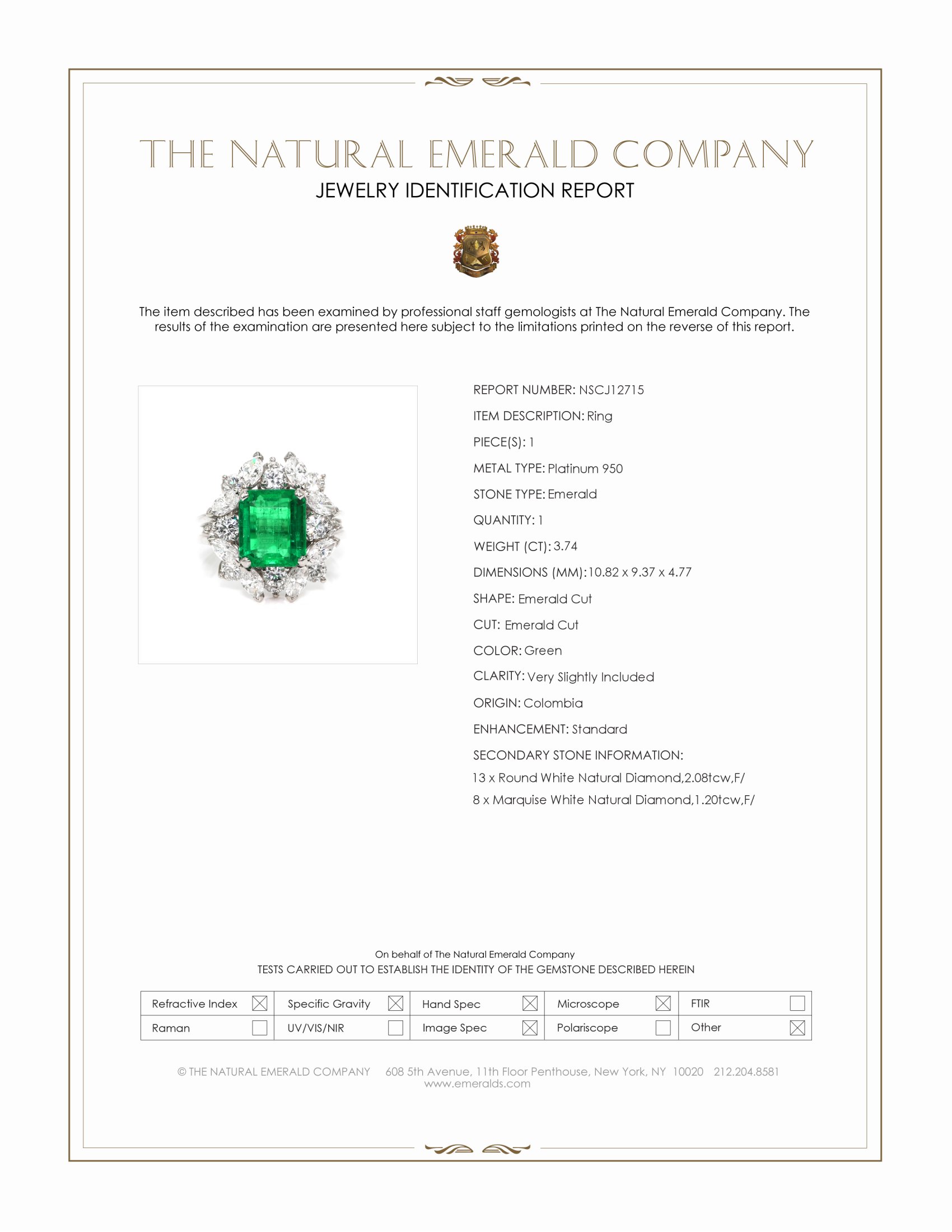 3.74 Ct. Emerald and Natural Diamond Pave Ring, Platinum 950