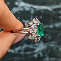3.74 Ct. Emerald and Natural Diamond Pave Ring, Platinum 950 Life Style