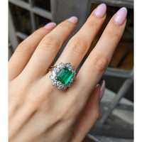 3.74 Ct. Emerald and Natural Diamond Pave Ring, Platinum 950 Life Style