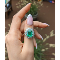 3.74 Ct. Emerald and Natural Diamond Pave Ring, Platinum 950 Life Style
