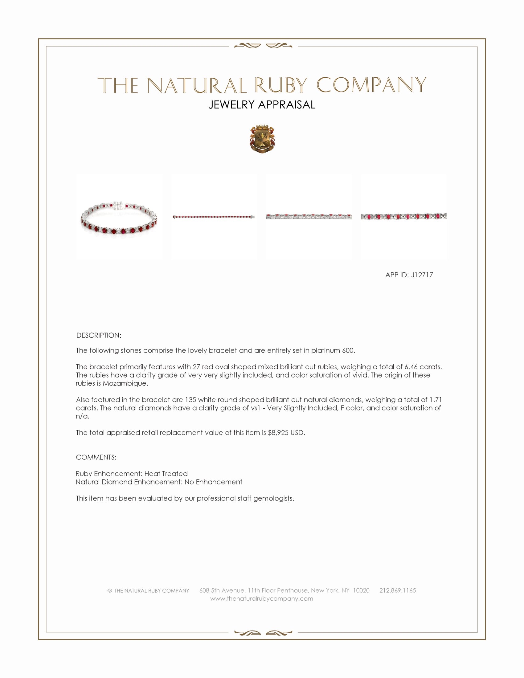 6.46 Ct.Tw. Ruby and Natural Diamond Tennis/Line Bracelet, Platinum 600