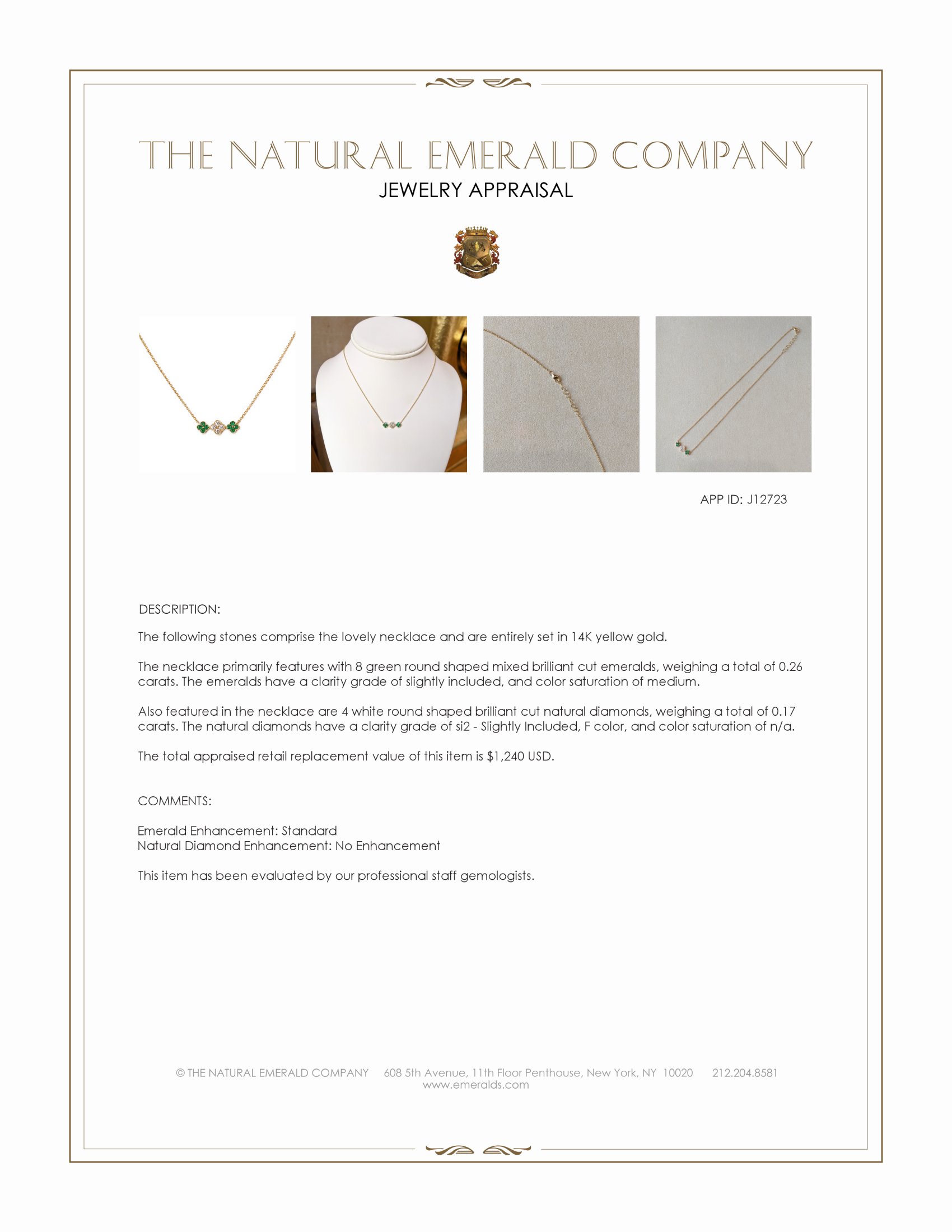 0.26 Ct. Emerald and Natural Diamond Bead Necklace, 14K Yellow Gold