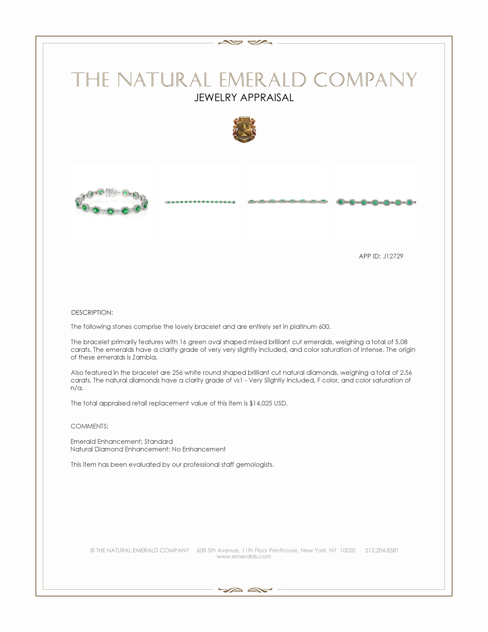 5.08 Ct.Tw. Emerald and Natural Diamond Tennis/Line Bracelet, Platinum 600