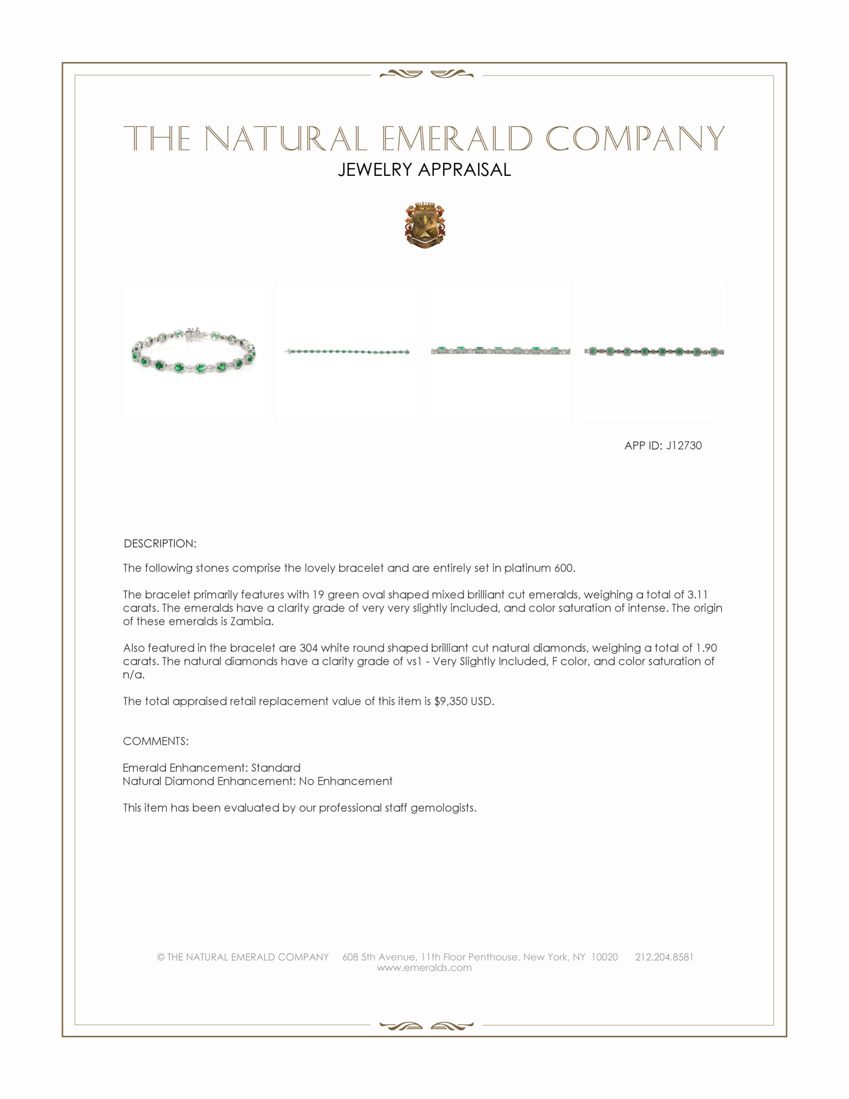 3.11 Ct.Tw. Emerald and Natural Diamond Tennis/Line Bracelet, Platinum 600