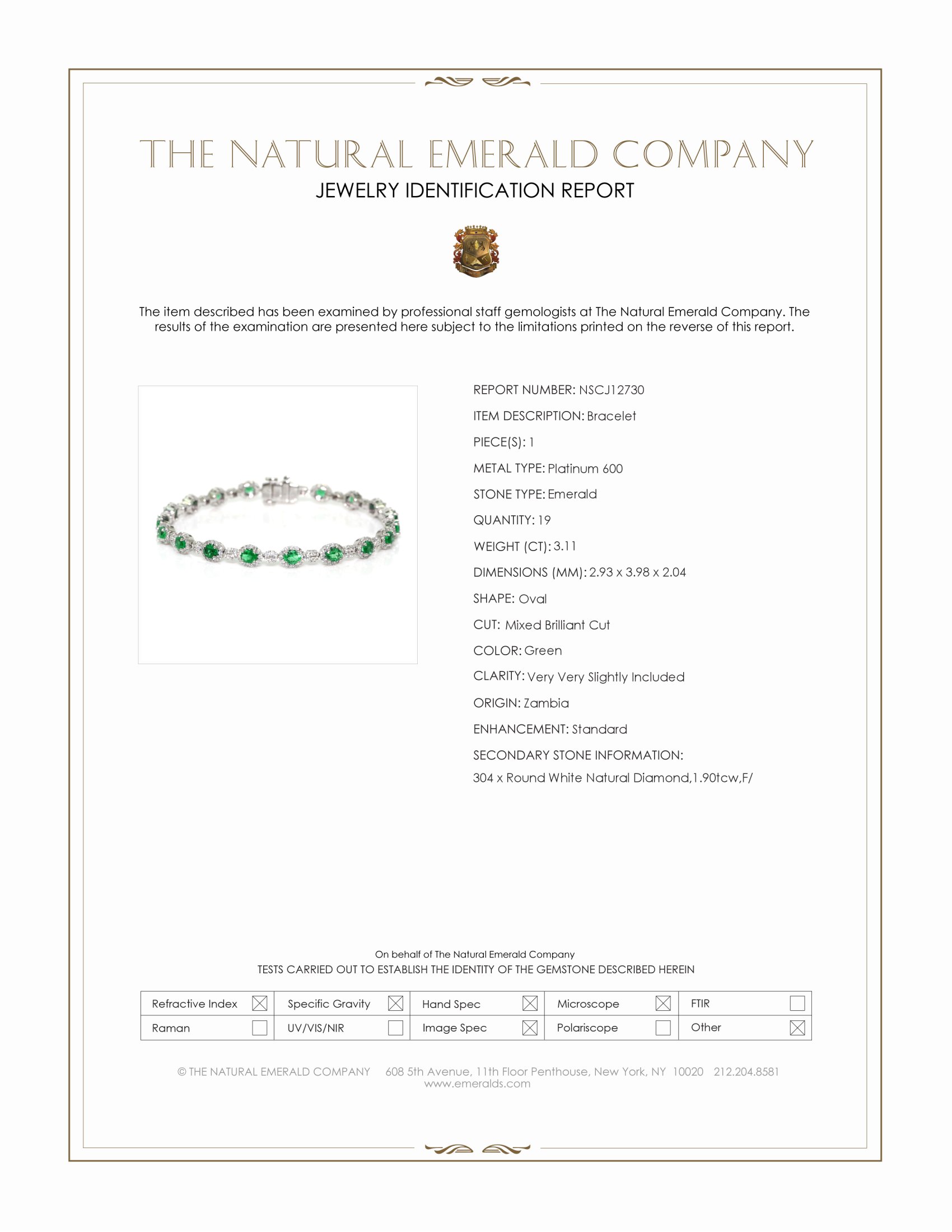 3.11 Ct.Tw. Emerald and Natural Diamond Tennis/Line Bracelet, Platinum 600