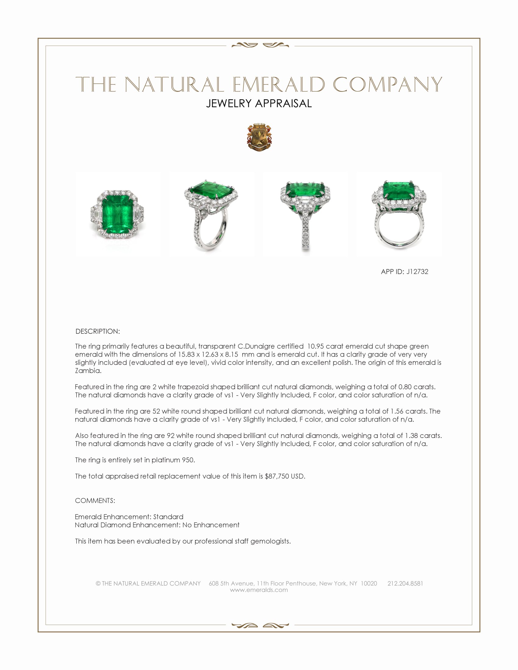 10.95 Ct. Emerald and Natural Diamond Pave Ring, Platinum 950