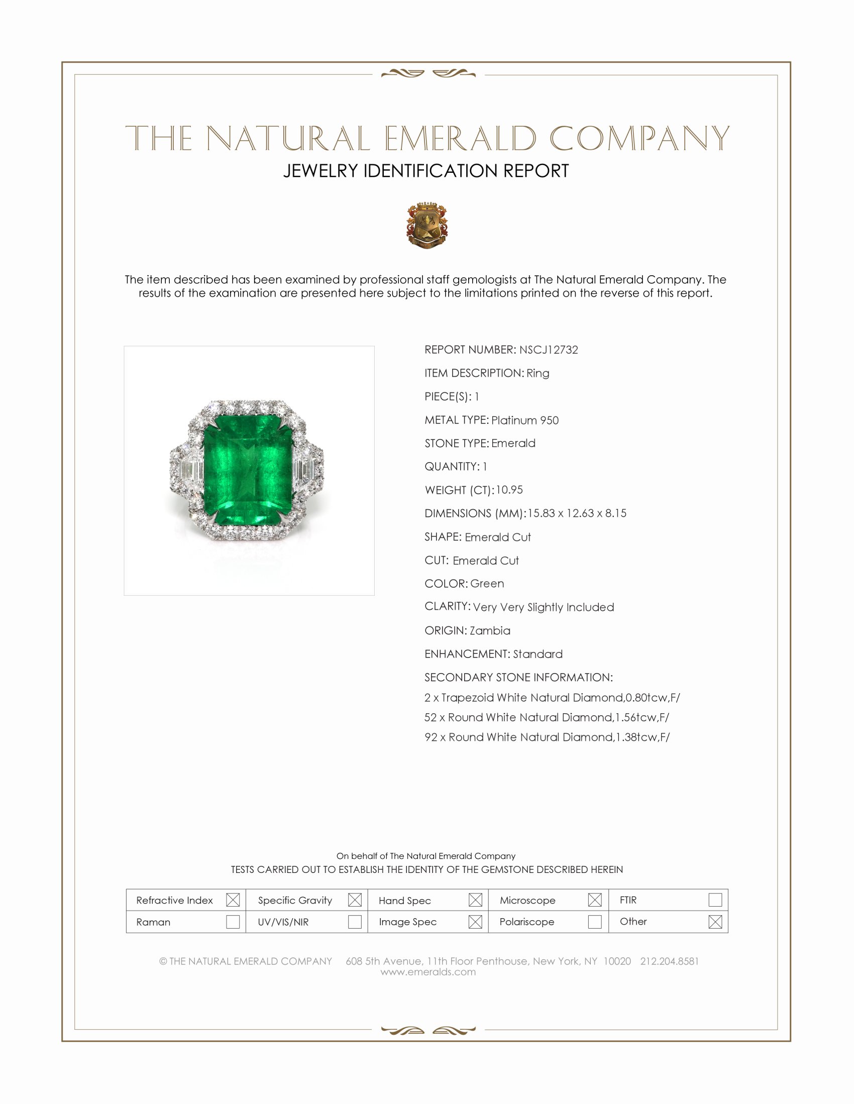 10.95 Ct. Emerald and Natural Diamond Pave Ring, Platinum 950