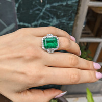 10.95 Ct. Emerald and Natural Diamond Pave Ring, Platinum 950 Life Style
