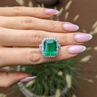 10.95 Ct. Emerald and Natural Diamond Pave Ring, Platinum 950 Life Style