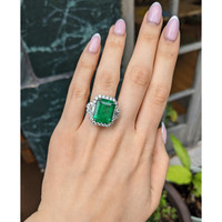 10.95 Ct. Emerald and Natural Diamond Pave Ring, Platinum 950 Life Style