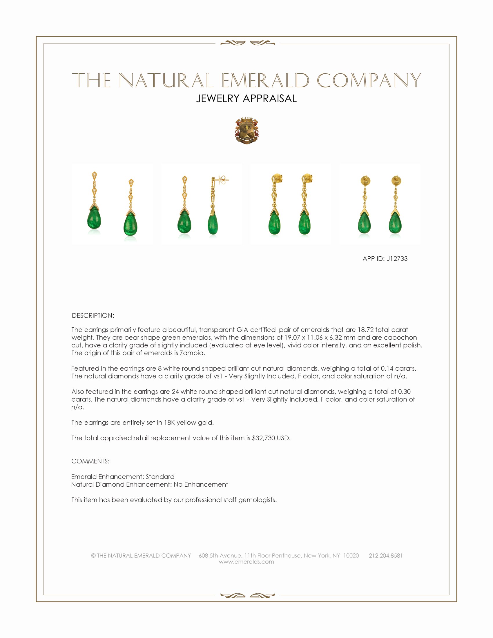 18.72 Ct.Tw. Emerald and Natural Diamond Pave Earrings, 18K Yellow Gold