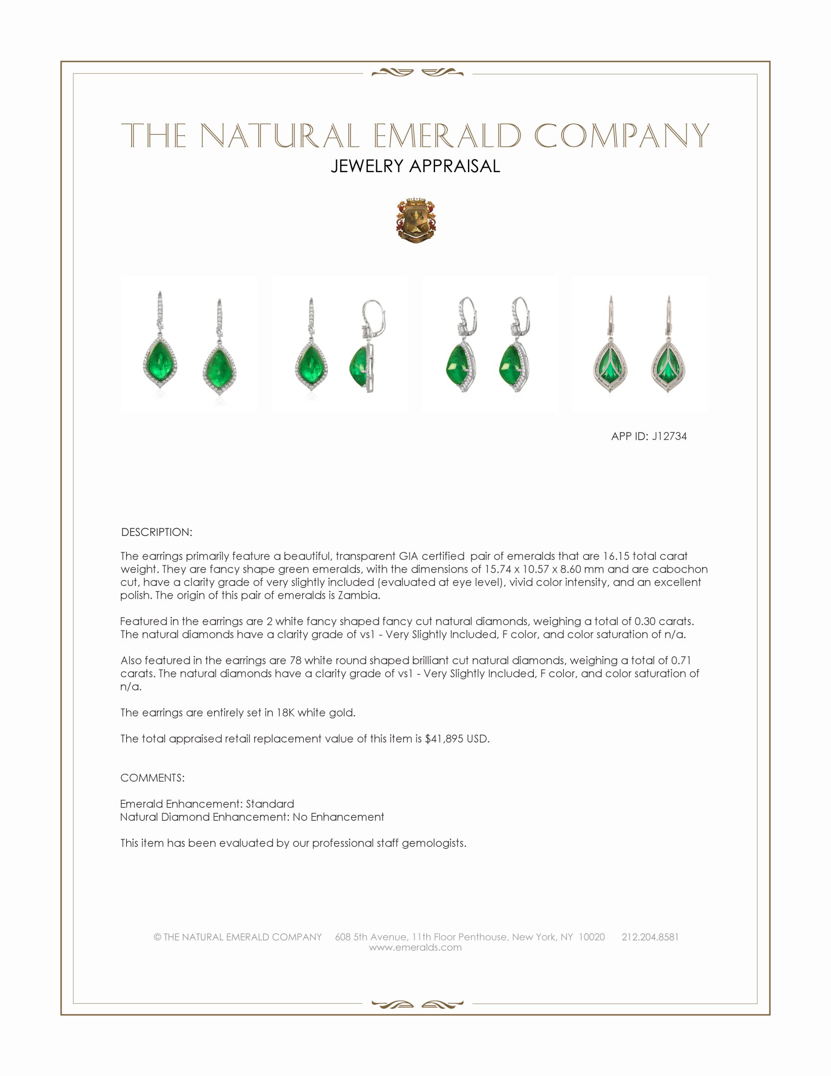 16.15 Ct.Tw. Emerald and Natural Diamond Pave Earrings, 18K White Gold