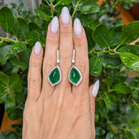 16.15&nbsp;Ct.Tw.Total Carat Weight Emerald and Natural Diamond Pave Earrings, 18K White Gold Life Style