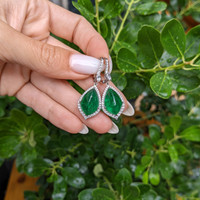 16.15 Ct.Tw.Total Carat Weight Emerald and Natural Diamond Pave Earrings, 18K White Gold Life Style