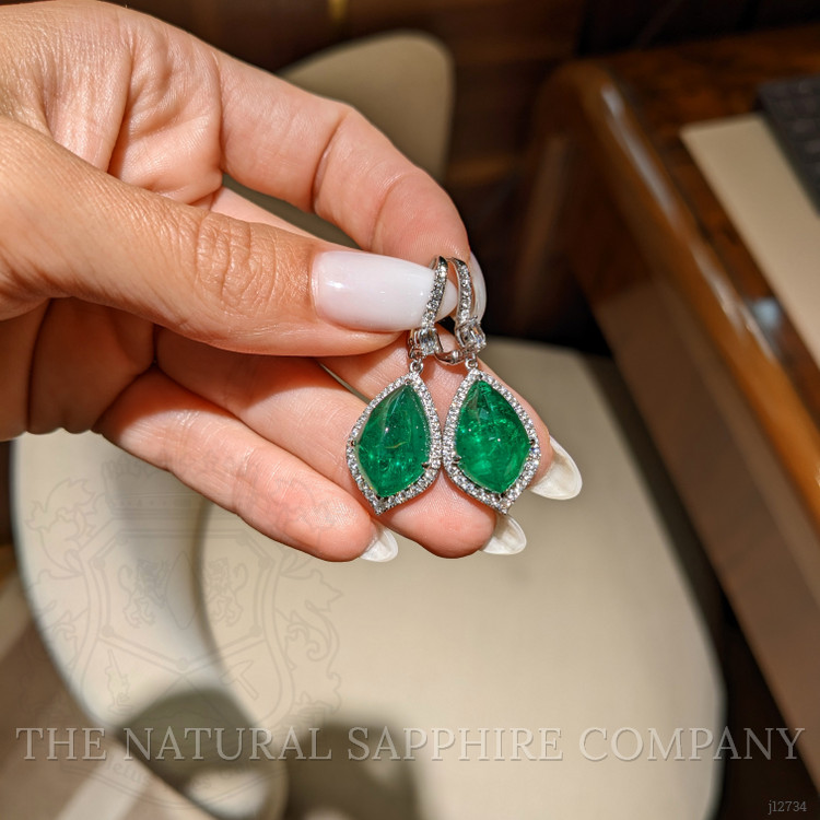 16.15 Ct.Tw. Emerald and Natural Diamond Pave Earrings, 18K White Gold