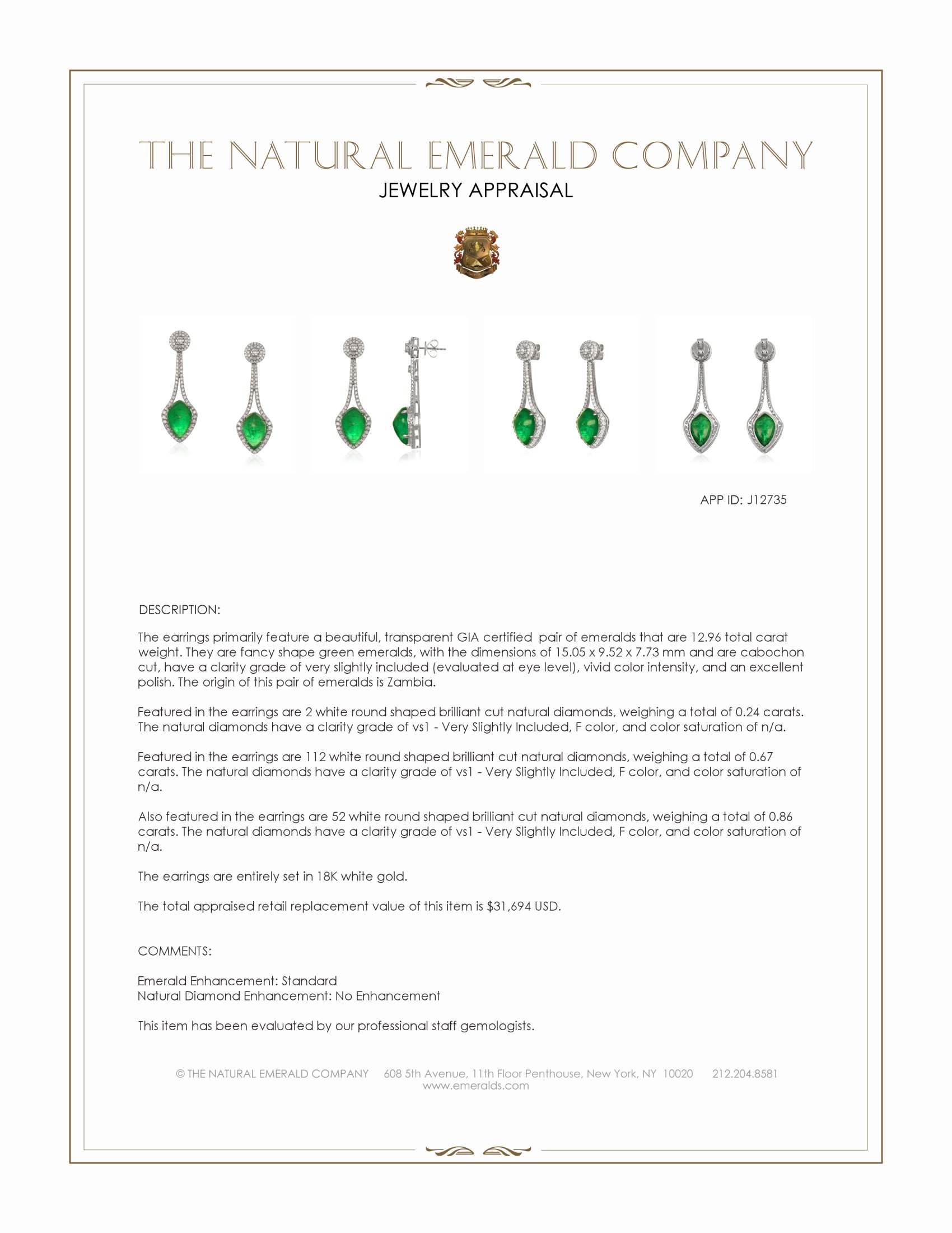 12.96 Ct.Tw. Emerald and Natural Diamond Studs Earrings, 18K White Gold