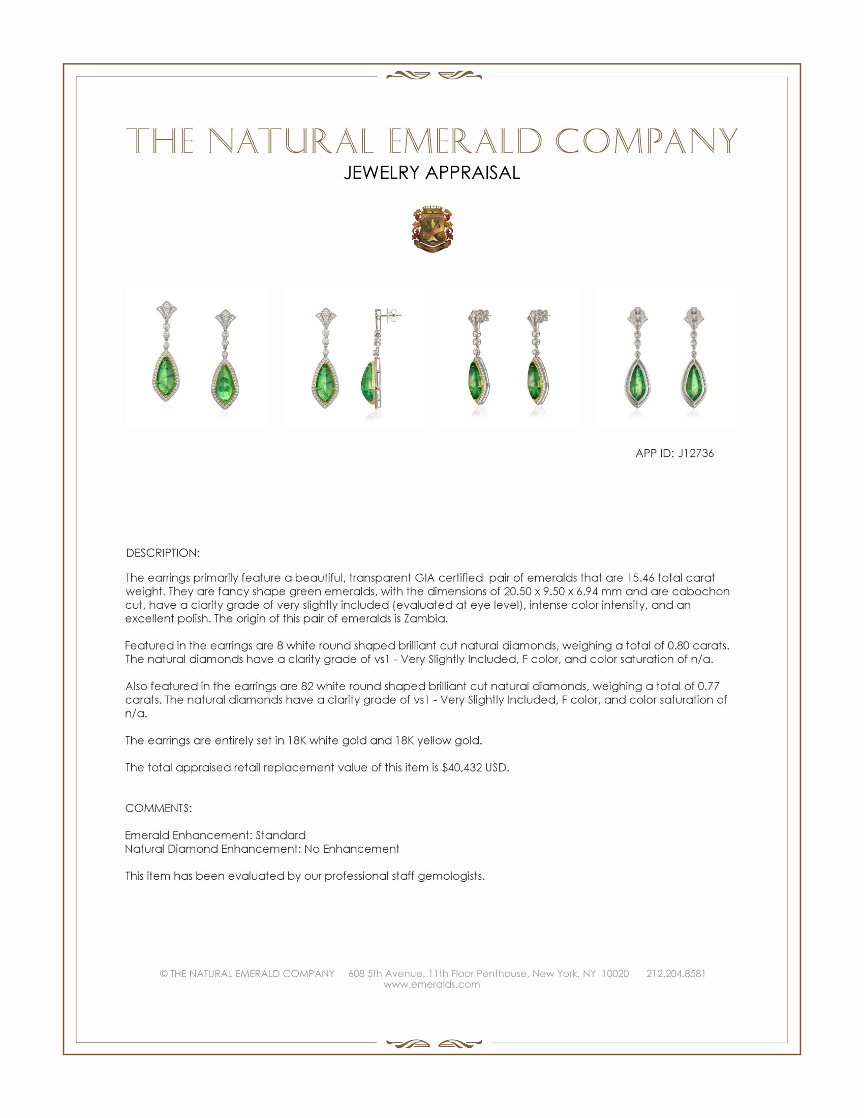 15.46 Ct.Tw. Emerald and Natural Diamond Studs Earrings, 18K White & Yellow