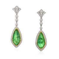 15.46 Ct.Tw.Total Carat Weight Emerald and Natural Diamond Studs Earrings, 18K White & Yellow Video