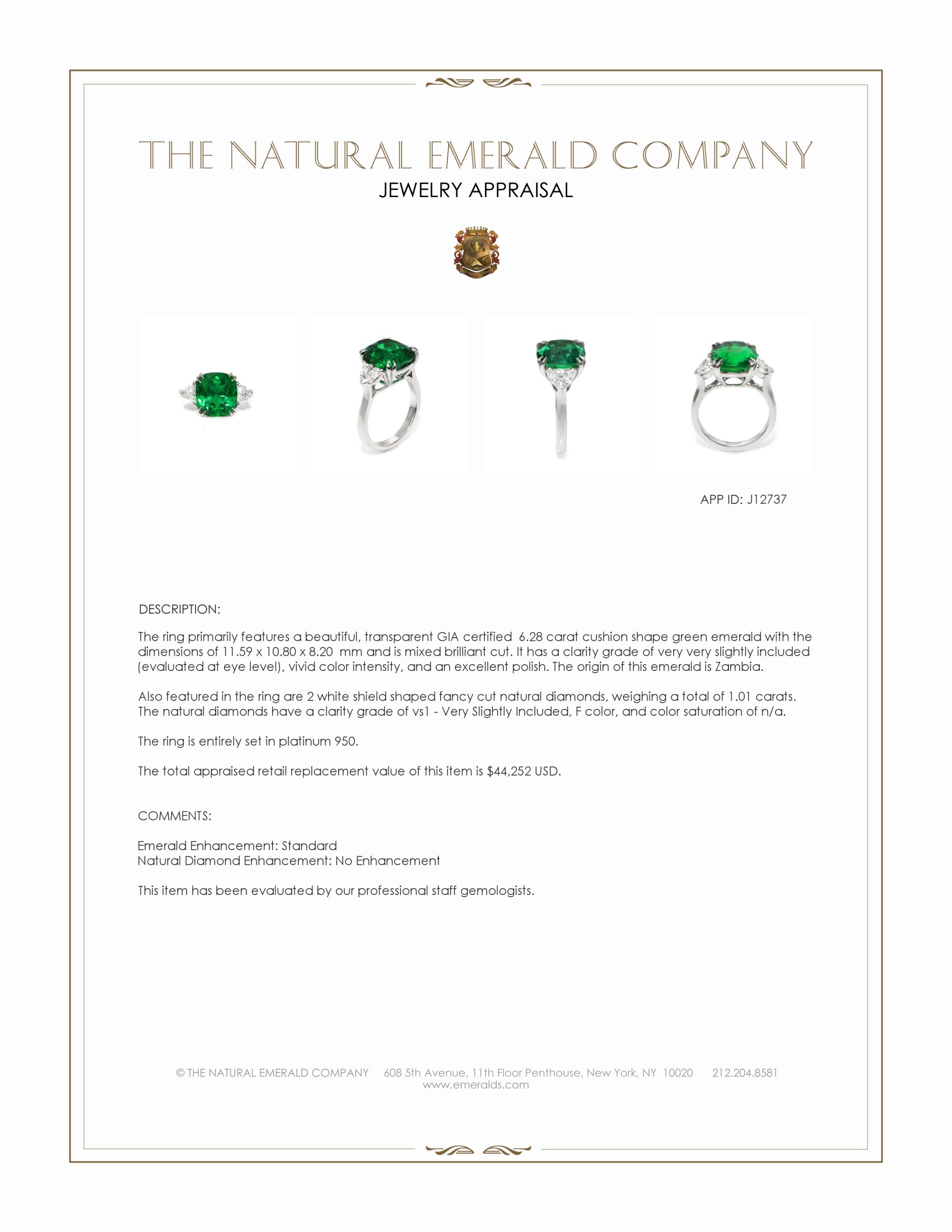 6.28 Ct. Emerald and Natural Diamond Three Stone Ring, Platinum 950