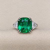 6.28 Ct. Emerald and Natural Diamond Three Stone Ring, Platinum 950 Life Style