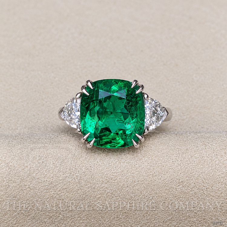 6.28 Ct. Emerald and Natural Diamond Three Stone Ring, Platinum 950