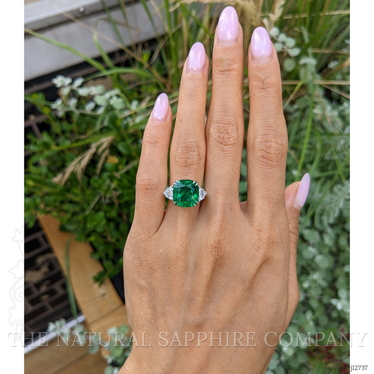 6.28 Ct. Emerald and Natural Diamond Three Stone Ring, Platinum 950