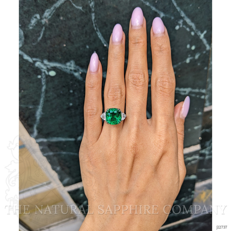 6.28 Ct. Emerald and Natural Diamond Three Stone Ring, Platinum 950