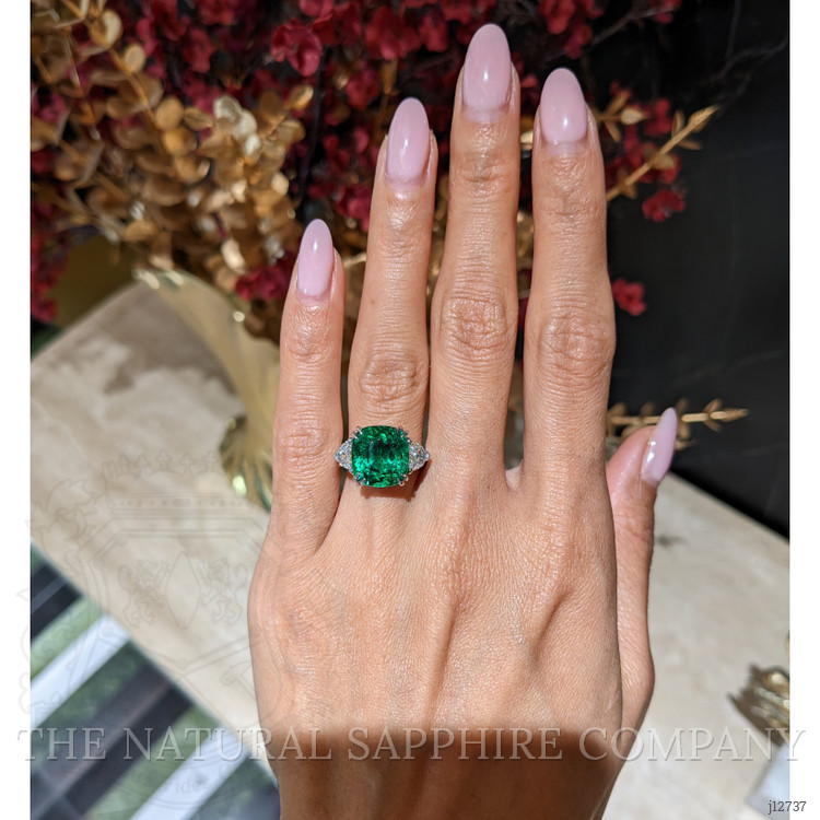 6.28 Ct. Emerald and Natural Diamond Three Stone Ring, Platinum 950
