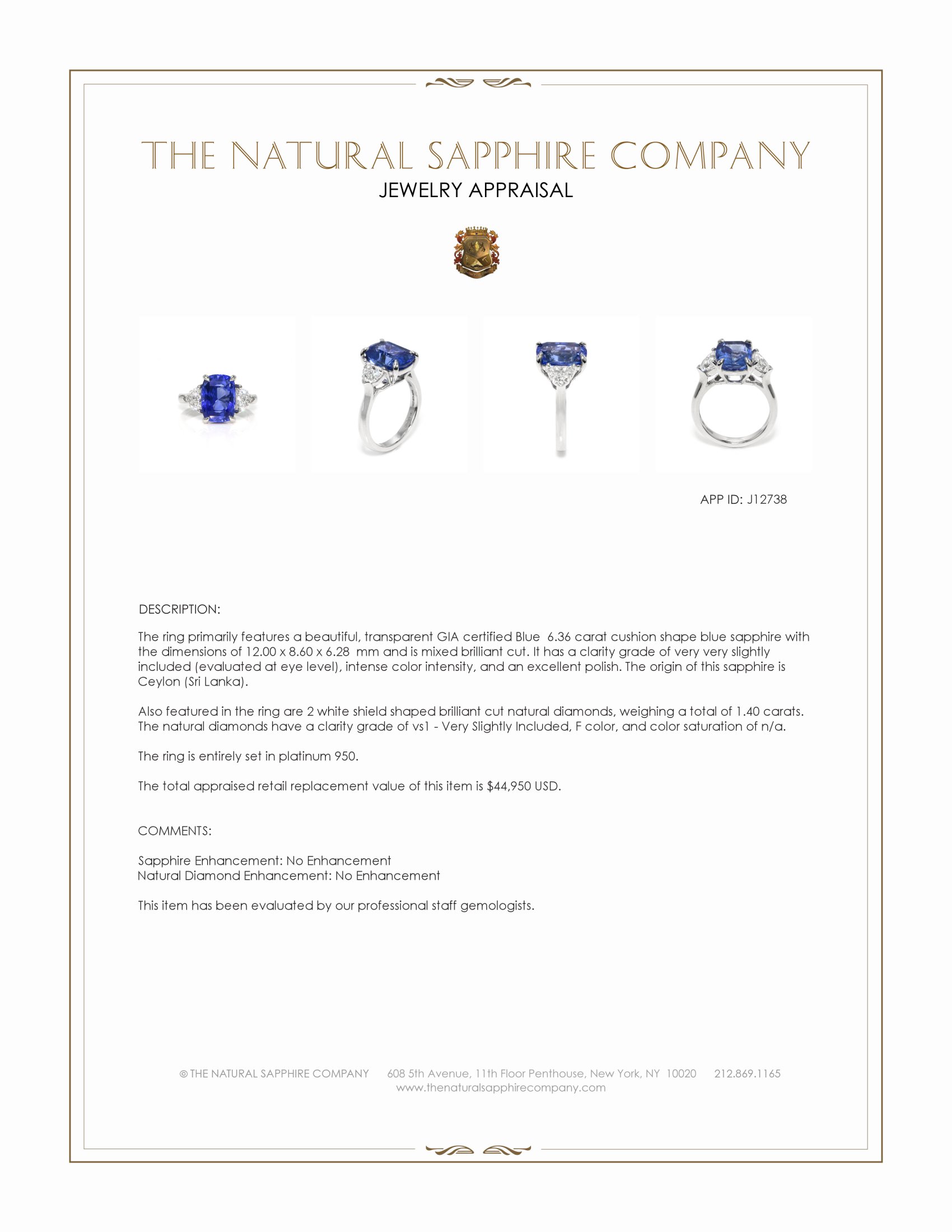 6.36 Ct. Blue Sapphire and Natural Diamond Three Stone Ring, Platinum 950