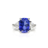 6.36 Ct. Blue Sapphire and Natural Diamond Three Stone Ring, Platinum 950 Video