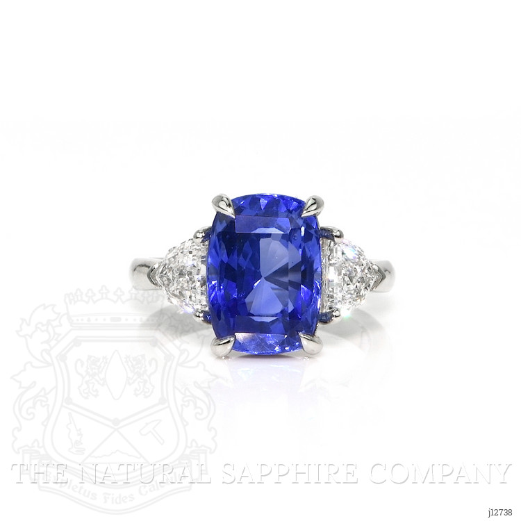 6.36 Ct. Blue Sapphire and Natural Diamond Three Stone Ring, Platinum 950