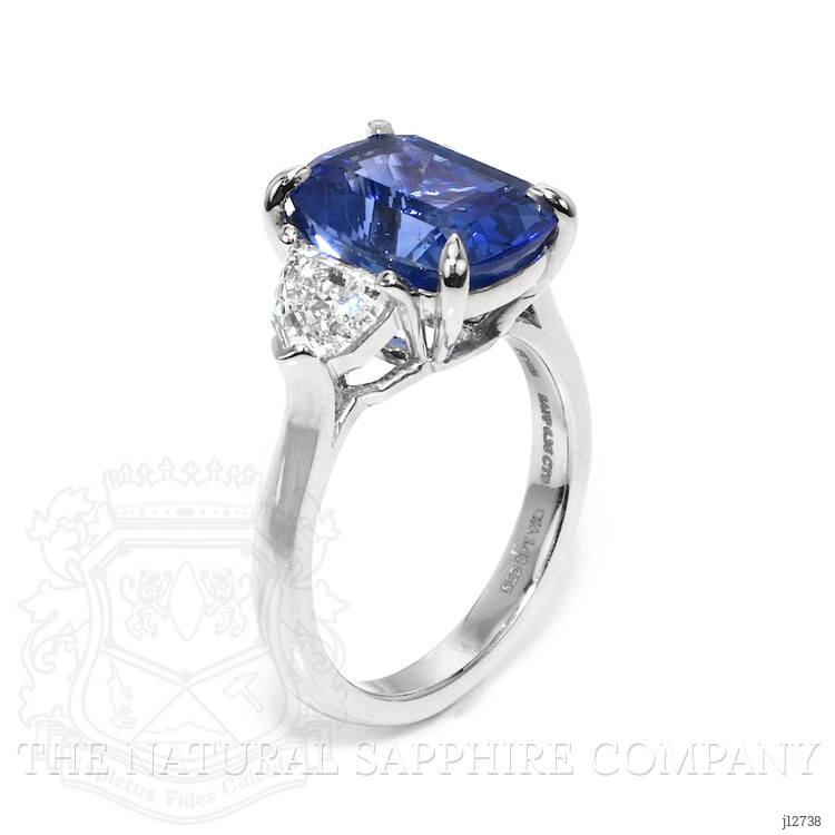 6.36 Ct. Blue Sapphire and Natural Diamond Three Stone Ring, Platinum 950