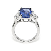 6.36 Ct. Blue Sapphire and Natural Diamond Three Stone Ring, Platinum 950 Image
