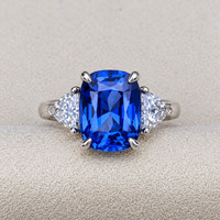 6.36 Ct. Blue Sapphire and Natural Diamond Three Stone Ring, Platinum 950 Life Style