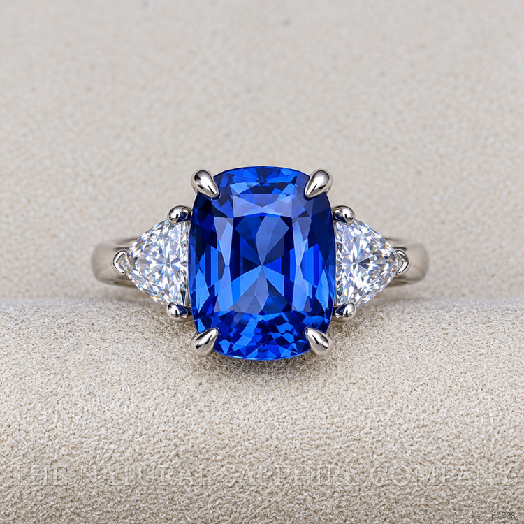 6.36 Ct. Blue Sapphire and Natural Diamond Three Stone Ring, Platinum 950