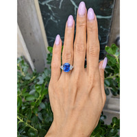 6.36 Ct. Blue Sapphire and Natural Diamond Three Stone Ring, Platinum 950 Life Style